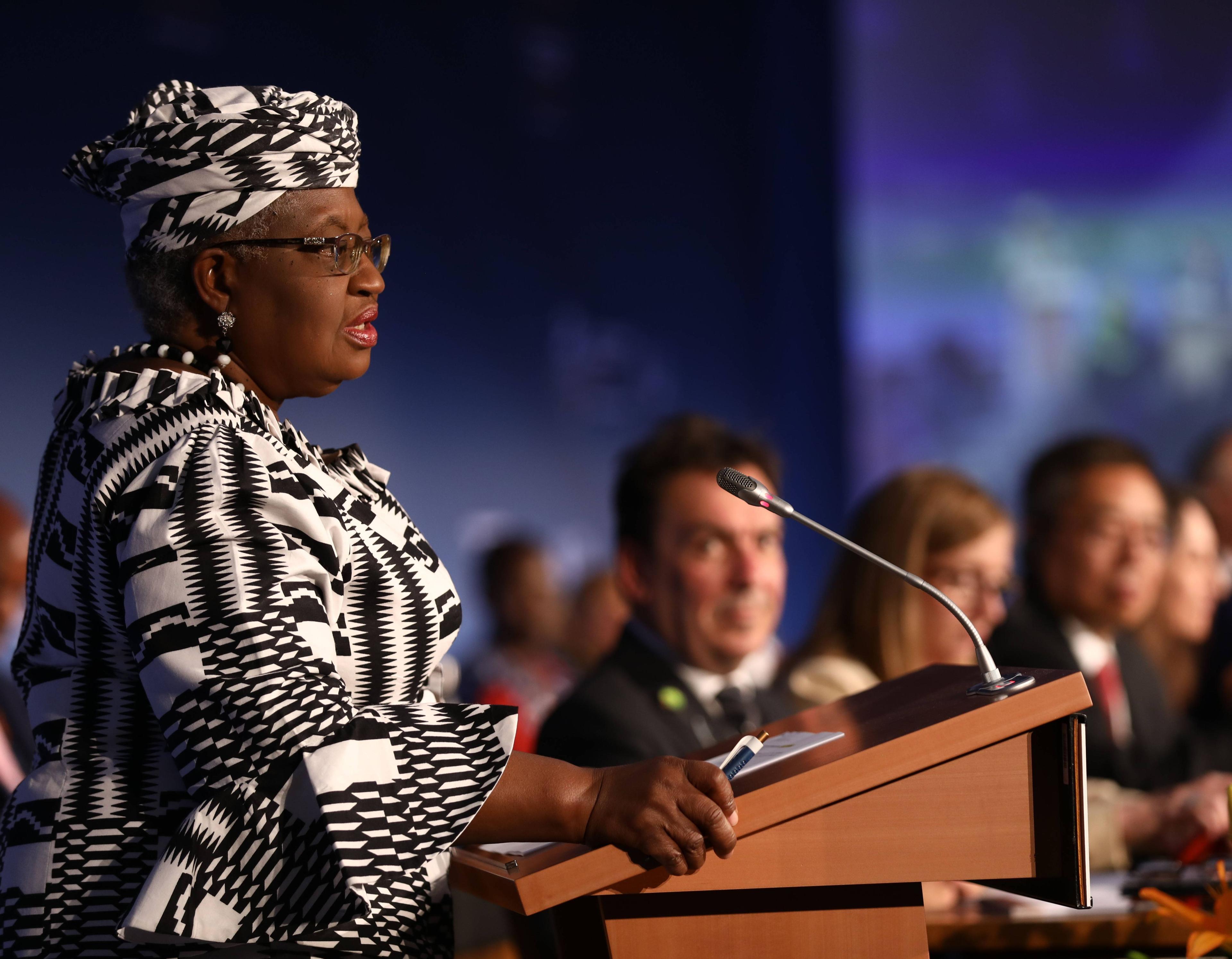 Die Generaldirektorin der Welthandelsorganisation Ngozi Okonjo-Iweala spricht zur WTO-Ministerkonferenz in Genf am 12. Juni 2022.