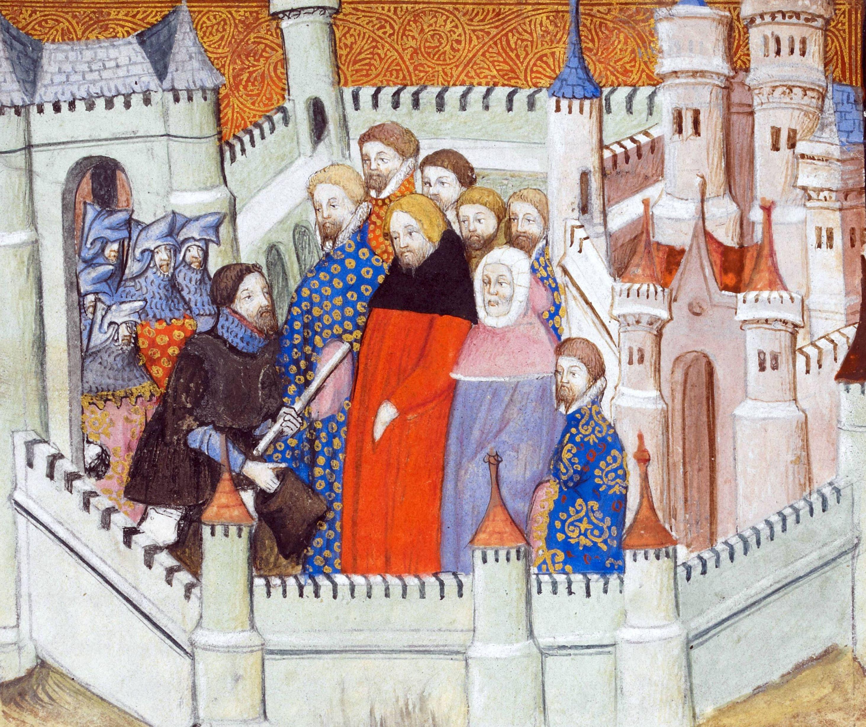 Foto der Litografie »Die Gefangennahme und der Tod König Richards«, Jean Creton, 15. Jahrhundert. 