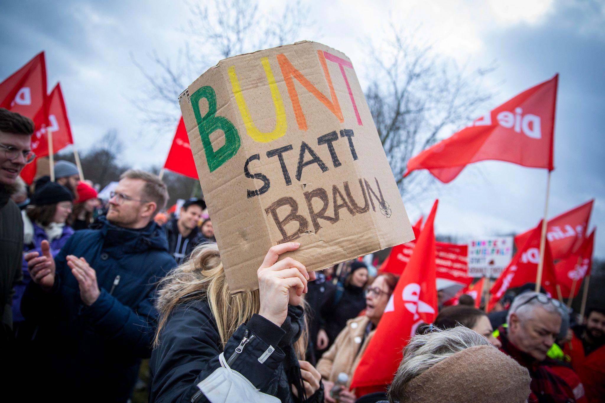 Mitglieder der Linkspartei auf der Großdemonstration gegen Rechts in Berlin, 3. Februar 2024.