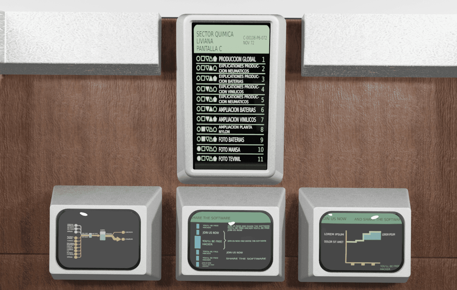 Computergeneriertes Bild des Kontrollzentrums von Projekt Cybersyn.