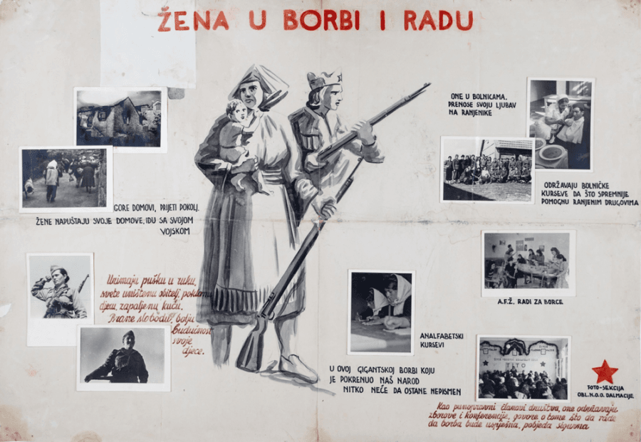 »Frau in Kampf und Arbeit«, Wandzeitung. Fotoabteilung des Regionalen Volksbefreiungskomitees von Dalmatien. (Mit freundlicher Genehmigung des Museums für kroatische Geschichte, HPM/MRNH-F-11963). Gleich zu Beginn der Volksbefreiungsbewegung erlangten Frauen zum ersten Mal das Wahlrecht. Verschiedenen Schätzungen zufolge kämpften über 100.000 Frauen als Partisaninnen. Dies hatte auch einen emanzipatorischen Aspekt, da sich Frauen zum ersten Mal politisch an der Erschaffung einer neuen Gesellschaft beteiligten. Es muss jedoch betont werden, dass der Kampf um die Rechte der Frauen gerade erst begonnen hatte. Zwischen den proklamierten Idealen und der Realität vor Ort gab es zuweilen große Unterschiede. Elvira Kohn war eine der wenigen Frauen, die als Partisanenfotografin tätig war.
