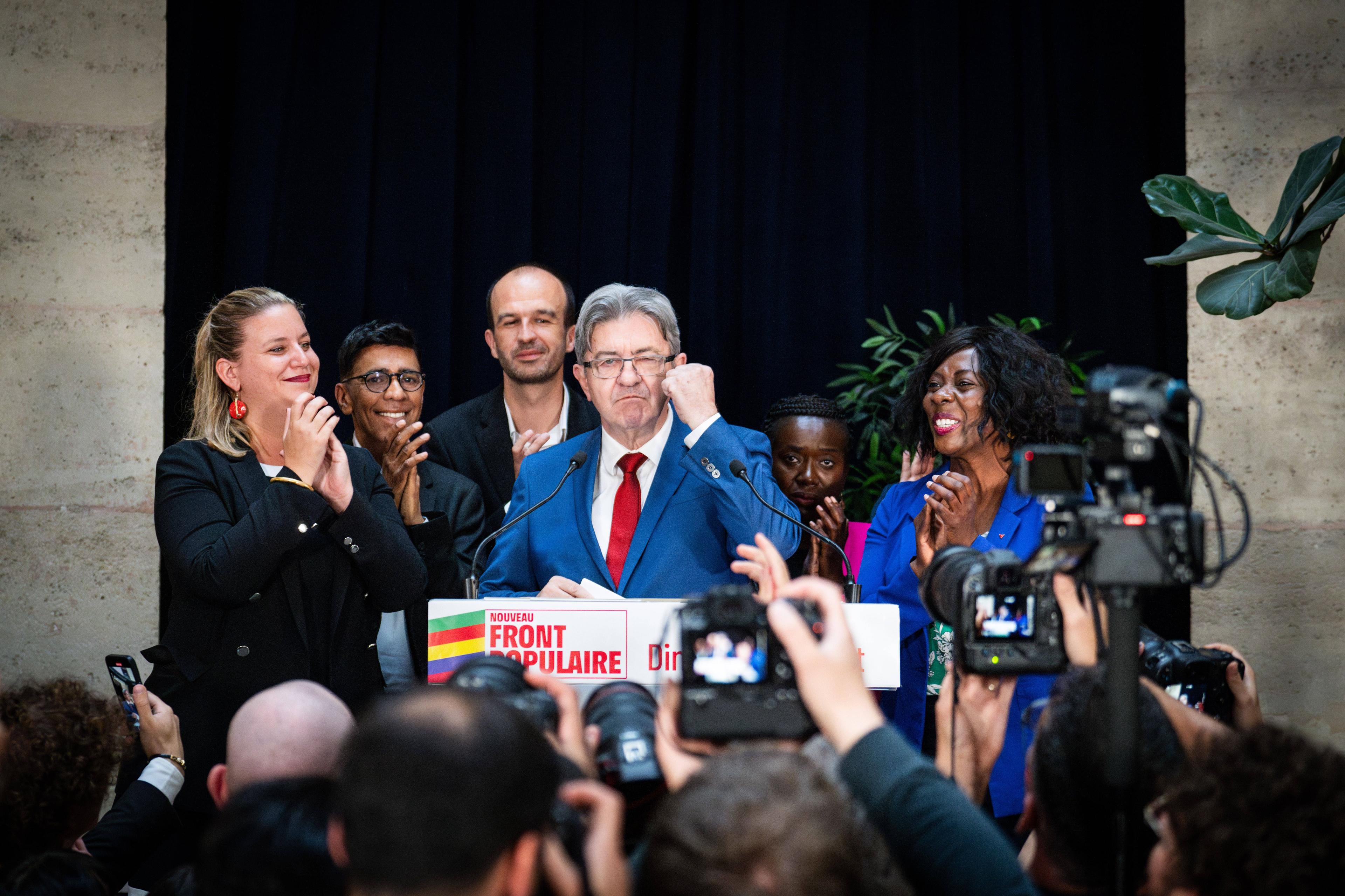 Jean-Luc Mélenchon nimmt an einer Veranstaltung von La France Insoumise in Paris teil, nach der zweiten Runde der französischen Parlamentswahlen, 7. Juli 2024.