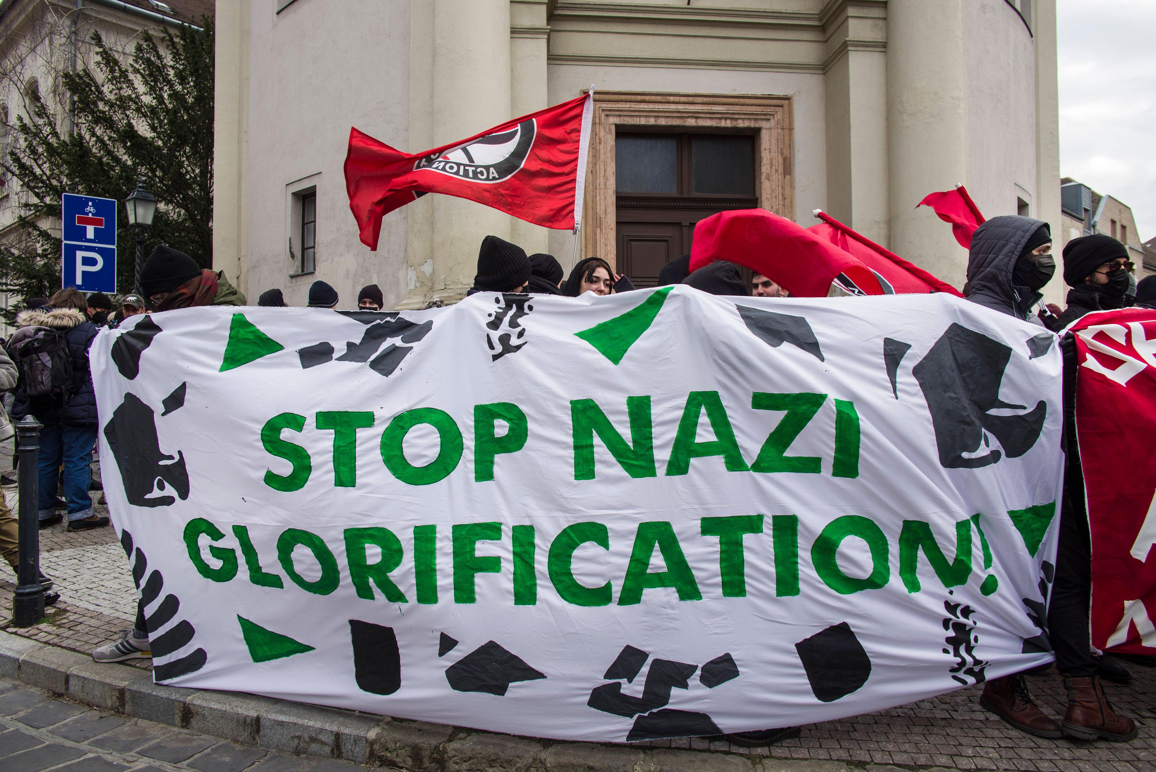 Antifaschistische Gegendemonstration am »Tag der Ehre«, Budapest, 11. Februar 2023.