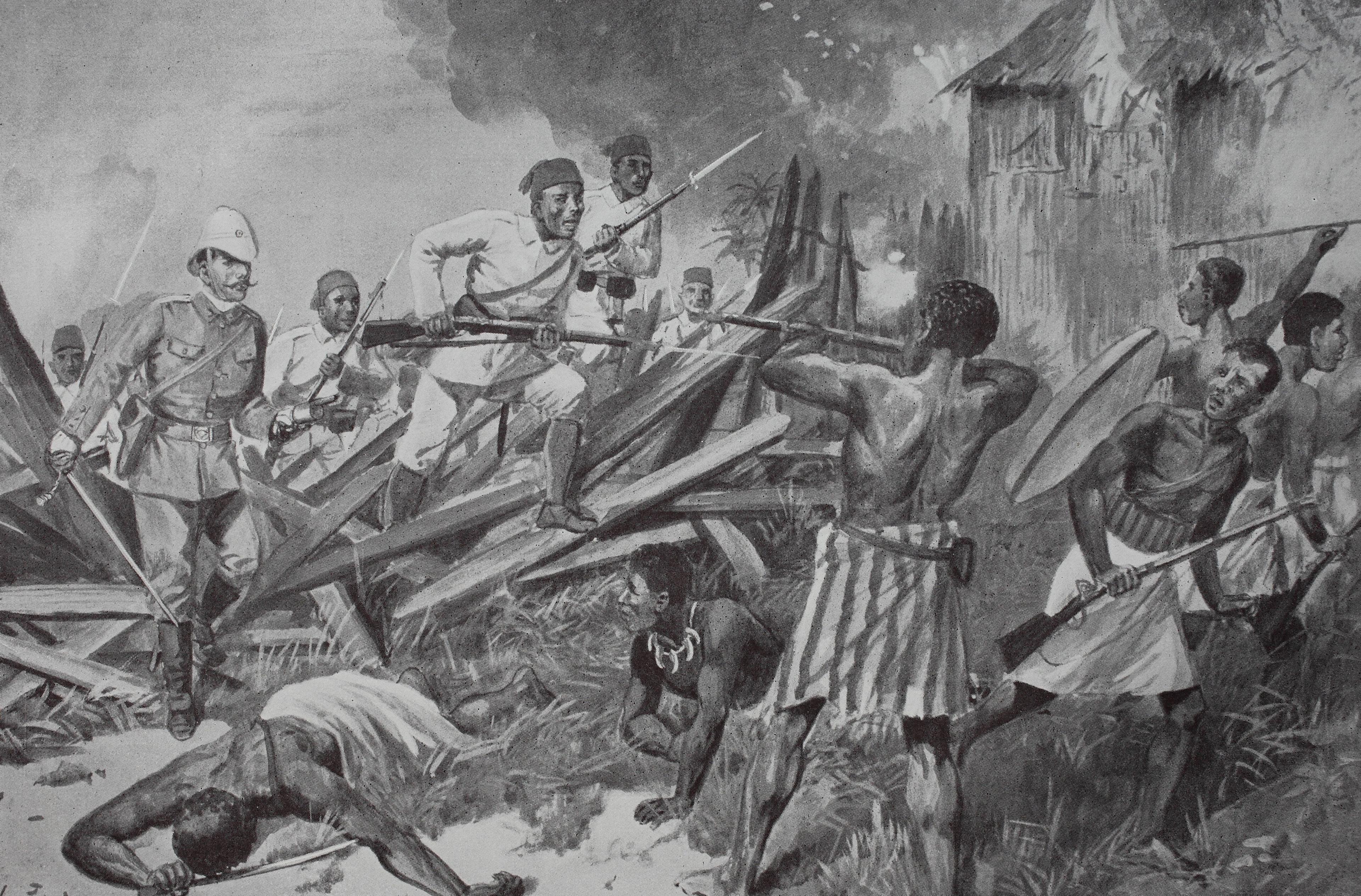 Deutsche Offiziere bekämpfen während der britisch-ägyptischen Kolonialzeit Aufständische im Sudan, Abbildung von circa 1900.