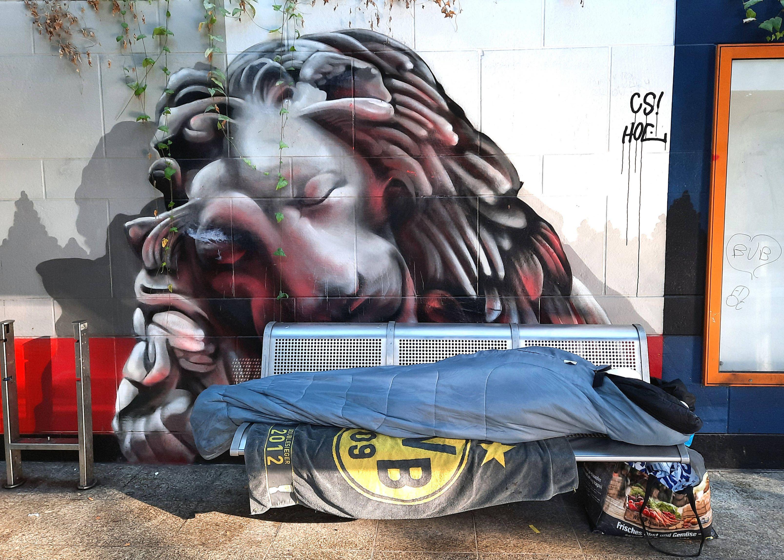Ein Wohnungsloser schläft unter dem Wandbild eines schlafenden Löwen.