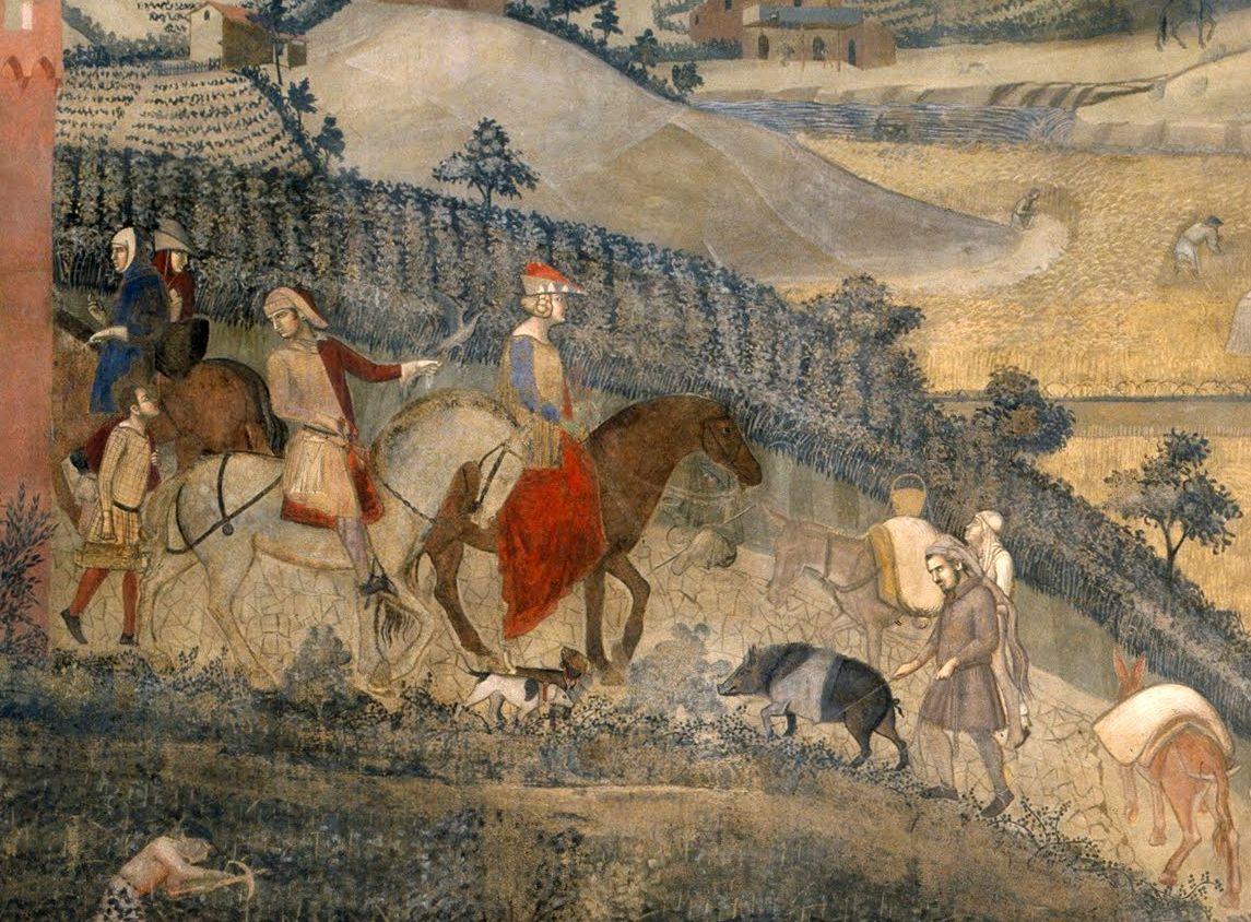 Das Gemälde »La città del buon governo« von Ambrogio Lorenzetti (1338–1340) stellt Kaufleute auf dem Lande dar.