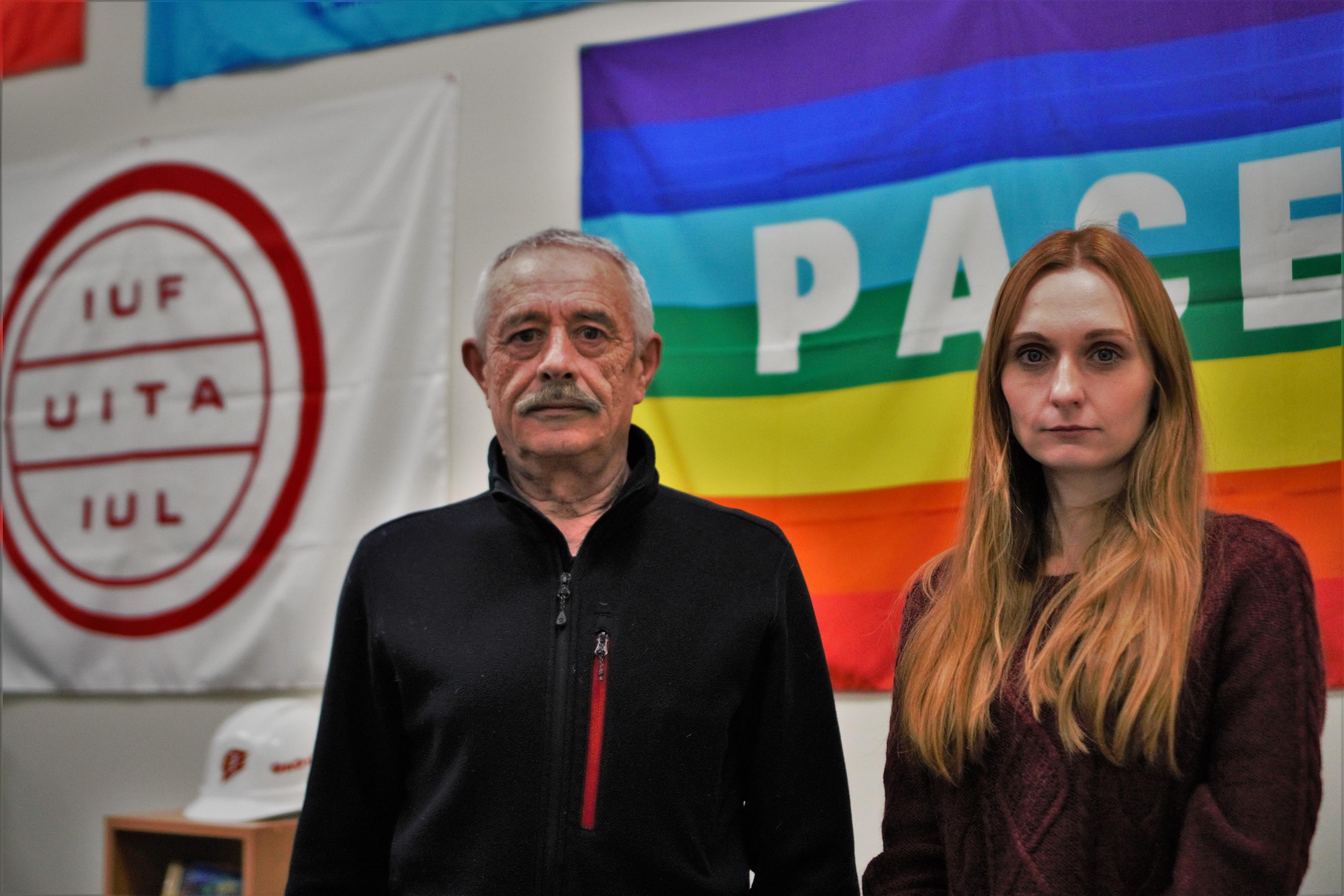 Petro Tulei und Olesia Briazgunova von der Konföderation freier Gewerkschaften der Ukraine.