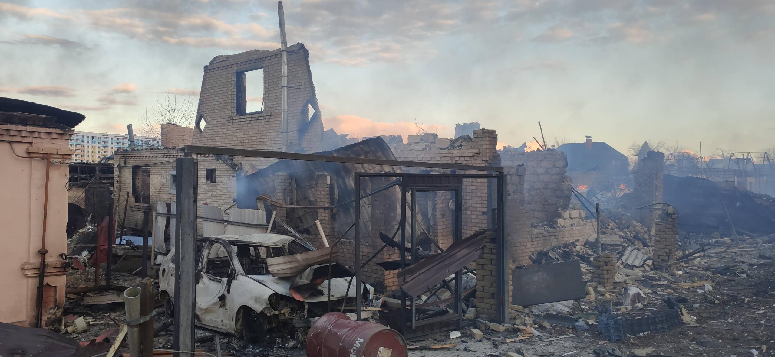 Zerstörte Häuser in Butscha nach dem Beschuss durch die russische Armee, 27. Februar 2022.