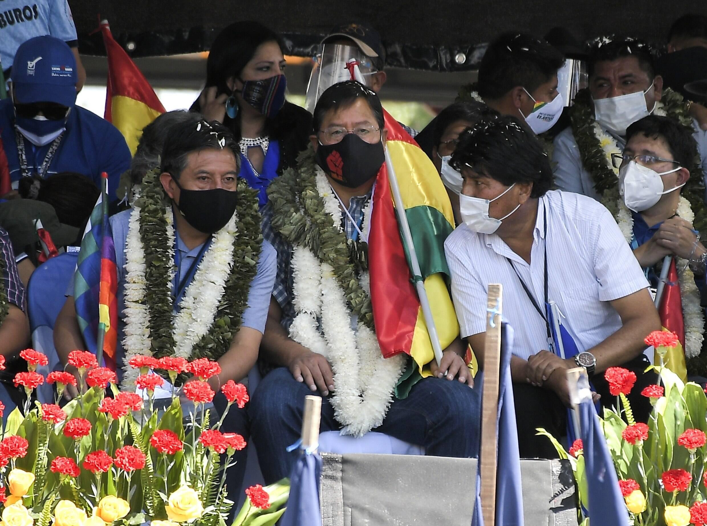 Boliviens Präsident Luis Arce, Vizepräsident David Choquehuanca und Ex-Präsident Evo Morales, 2021.