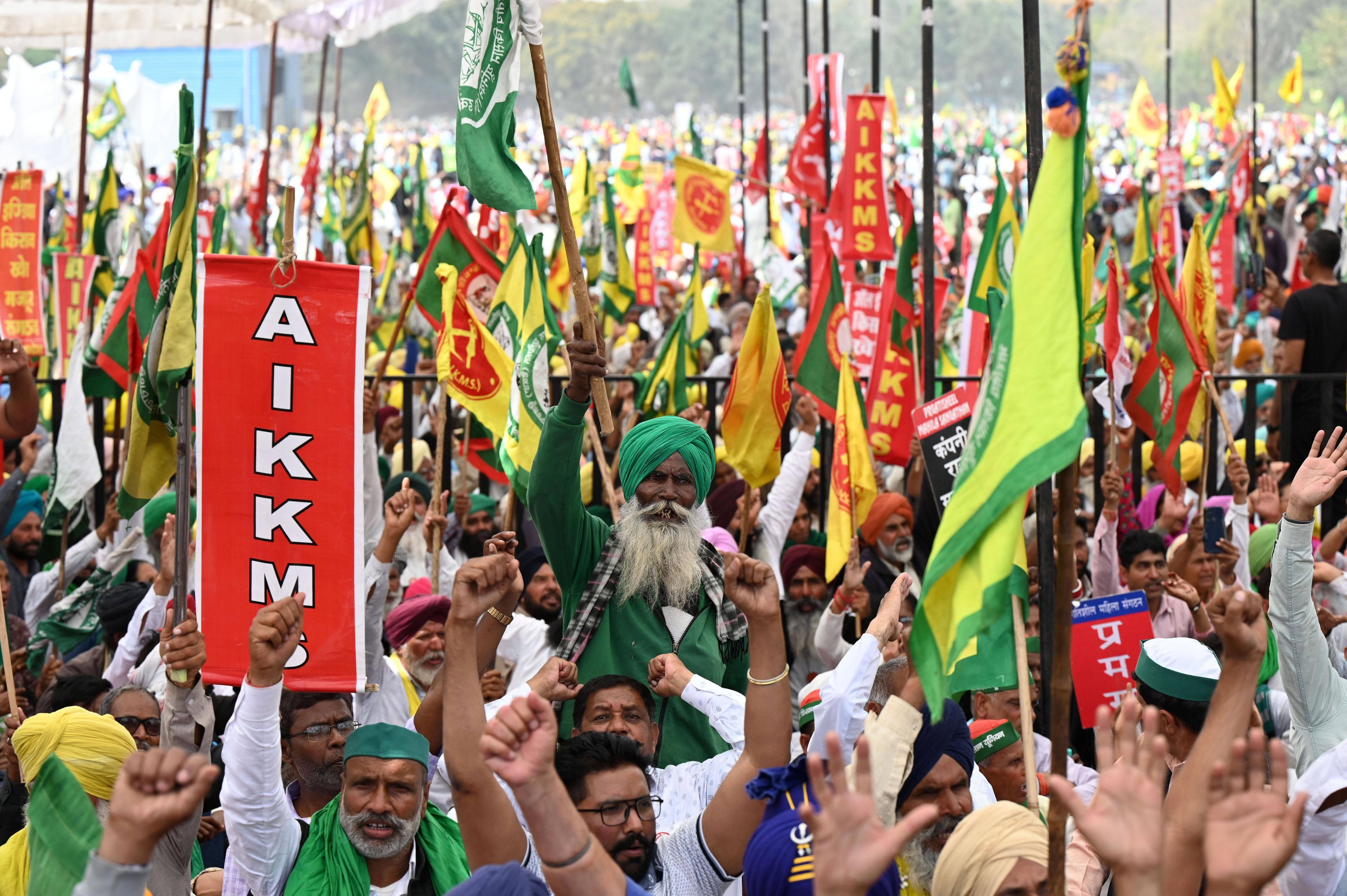 Bauern protestieren in Neu-Delhi, Aufnahme vom 14. März 2024.