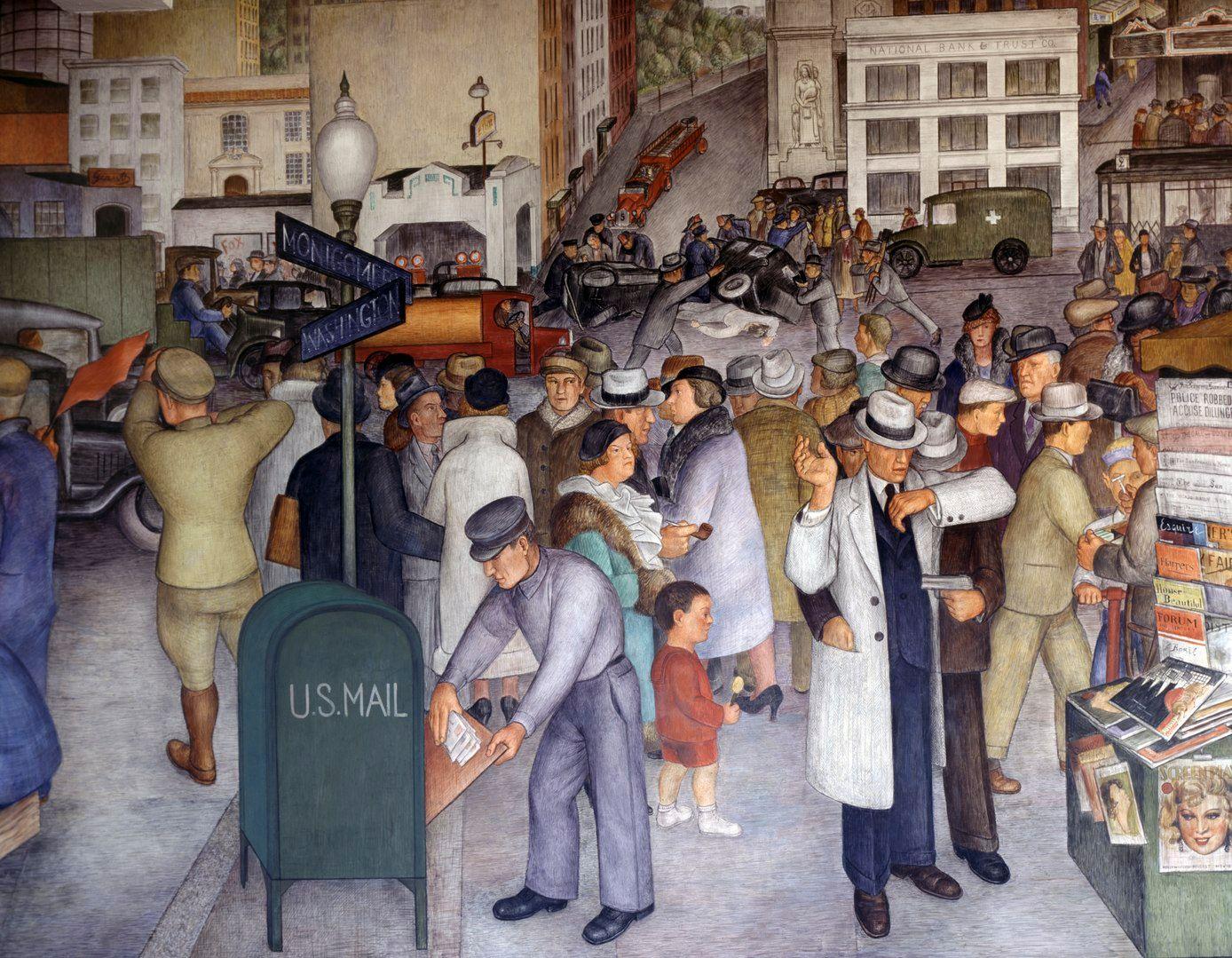 Wandgemälde »California Life« (1934) von Victor Arnautoff, das im Zuge der Works Progress Administration entstand, die nach der Großen Depression Millionen Arbeitslose zu einer Beschäftigung verhalf.